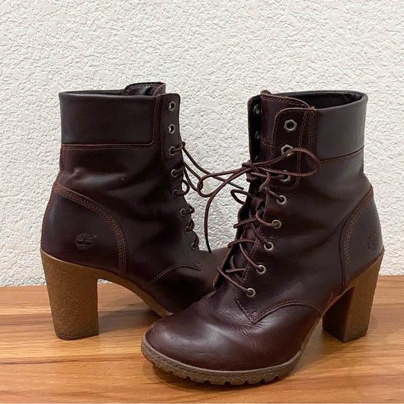 TIMBERLAND A18Z6 Glancy Burgundy Leather Lace-up Heeled Boots Size 7.5 - Picture 3 of 16